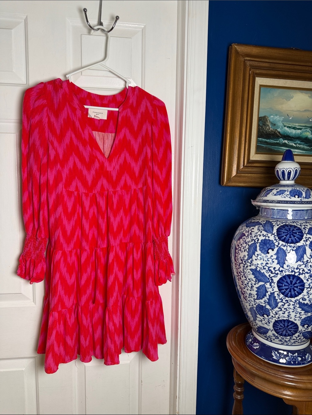 Women’s Pomander Place Hot Pink Kenzo Ikat Print V-neck Tiered Long Sleeve Dress